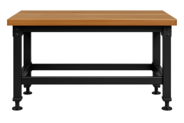 Wooden top workbench with black metal frame isolated on transparent background