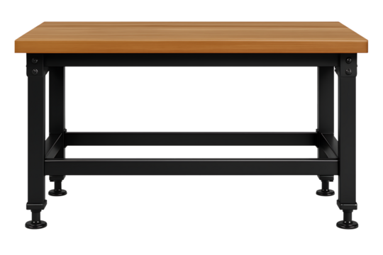 Wooden top workbench with black metal frame isolated on transparent background