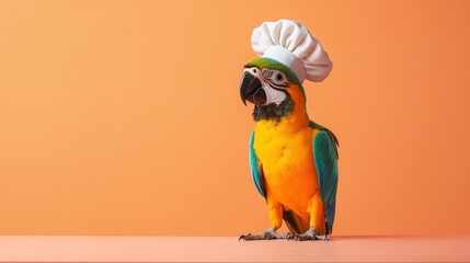 A macaw parrot wearing a chef's hat standing against a solid orange colored studio backdrop and surface