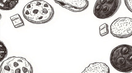 Hand-drawn sketch featuring classic cookie recipes arranged in a creative layout for dessert lovers and baking enthusiasts