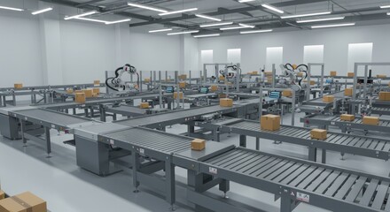 Futuristic automated warehouse system with robotic arms handling package processing and conveyor