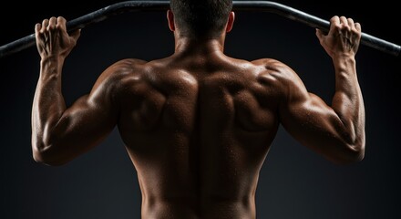 Powerful back of muscular athlete engaged in pull-up exercises with steel bar