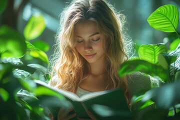 Young woman reading a book in serene greenery setting.