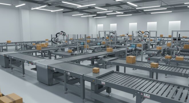 Futuristic automated warehouse system with robotic arms handling package processing and conveyor