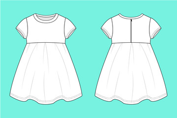 Baby Girls Short sleeve dress fashion flat sketch CAD mockup.