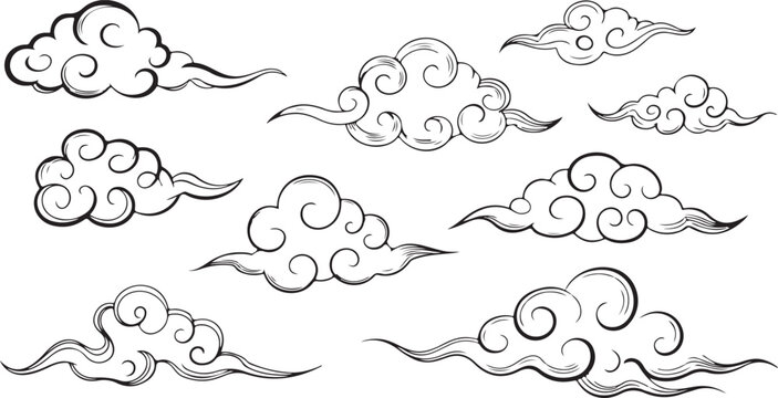 Elegant Asian Cloud Vector Set Artistic Oriental Style Weather Element Art