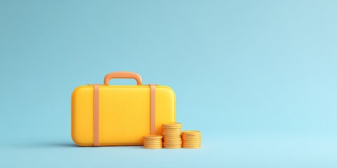 Obraz premium Budget-Friendly Holiday Trip Adventure, A yellow suitcase next to stacks of coins against a blue background, symbolizing travel and finance.