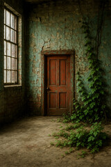 Abandoned Room with Peeling Walls and Wooden Door