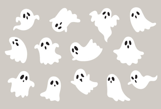 Fototapeta Cute Halloween ghost vector illustrations in various poses. A minimalist white sheet ghost vector set.