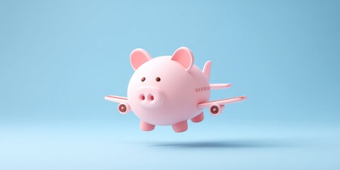 Budget-Friendly Holiday Trip Adventure, A whimsical piggy bank with airplane wings flying against a blue background.