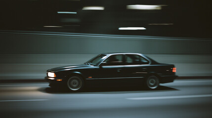 black sedan car driving fast at night street.