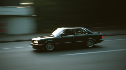 classic black car moving on city street in daylight.