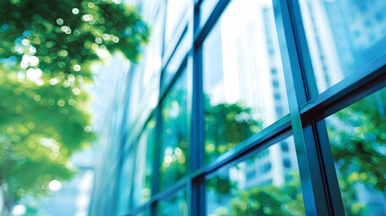 Fototapeta premium Detail of Green Glass Exterior on Corporate Office Structure