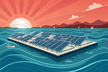Enchanting Futuristic Floating Solar Farm with Stylized Wave Masterful Composition Art Elegant Refined Style Ideal for Editorial Content Creation Editorial Quality Visual Documentation Creative Asset