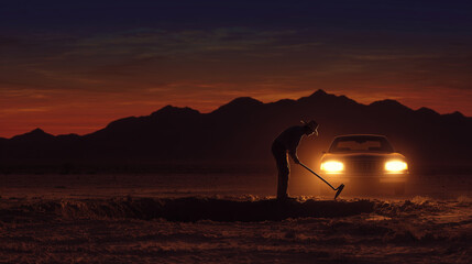 A person with a hat digs a hole in a desert landscape at dusk, illuminated by the headlights of a nearby parked car. Mountains are silhouetted against the evening sky.