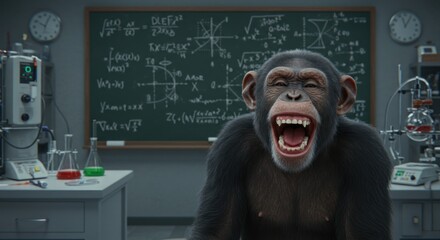 Excited primate in laboratory setting with blackboard full of complex equations