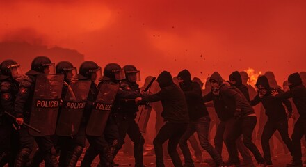 Intense Confrontation: Police Line Meets Protesters Amidst Hazy Red Atmosphere