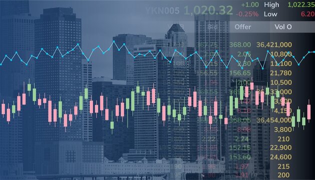 Stock market concept showing candlestick chart, line graph, and ticker data over city buildings. Ideal for trading, economy, business growth, digital investment, and market analysis visuals.