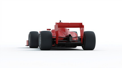 rear view of red formula one racing car on white background.