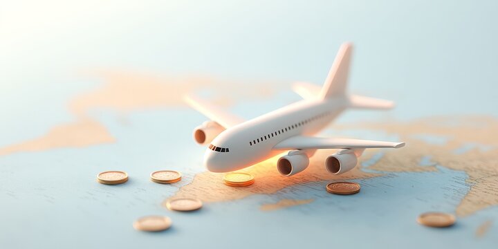 Budget-Friendly Holiday Trip Adventure, Airplane model on a map surrounded by coins, symbolizing travel expenses and finance.