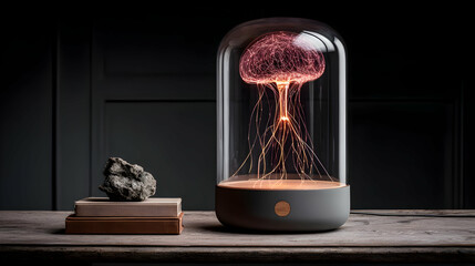 jellyfish lamp with transparent body and glowing fiber optic tentacles