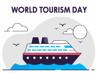Obraz premium World Tourism Day Illustration Featuring a Cruise Ship Sailing on the Ocean with Birds cartoon