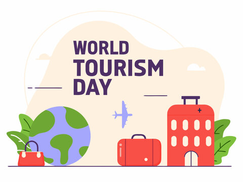Celebrating World Tourism Day with Globe Airplane Luggage and Hotel Building Illustration colorful illustration promoting
