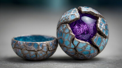 cracked open revealing a spinning galaxy core surrounded by light tendrils