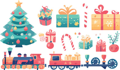 Naklejka premium Festive Christmas Train with Presents and Tree Illustration on White
