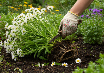Gardener trimming a daisy plant