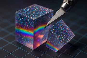 Obraz premium Clear resin cube filled with iridescent glitter cut by craft knife showing rainbow spectrum refraction light