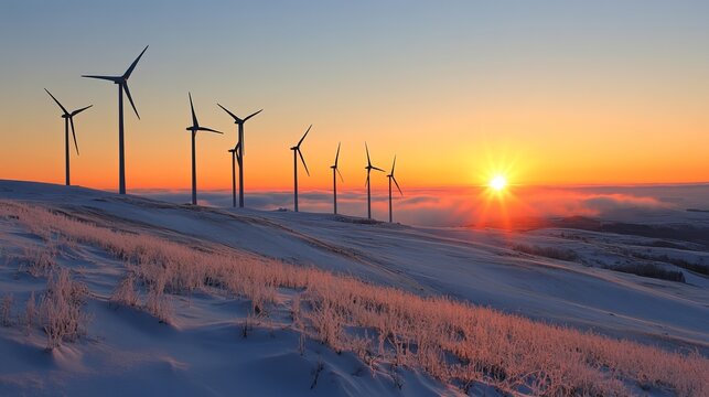 Sunrise over a snow-covered landscape with a row of wind turbines generating clean energy - Powered by Adobe