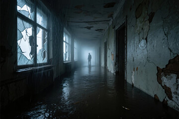 Fototapeta premium Silhouette of man at scary empty place, liminal space