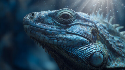 Fototapeta premium A close-up of a blue iguana's head with textured scales, highlighted by sunlight. The iguana's eye is visible, showcasing detailed skin patterns and its lifelike composition.