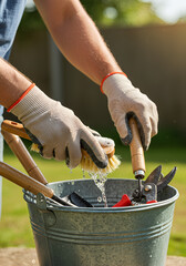 Gardener washing garden tools in a bucket