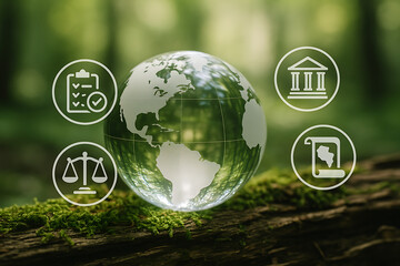 Environmental sustainability and governance principles visualized with glass globe and icon symbols highlighting global compliance justice standards and responsibility in policy framework image
