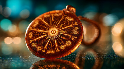 floating with radiant glow and fractal geometry etched in metallic form