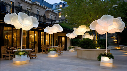 garden with anti-gravity trees and hovering petals in glowing twilight