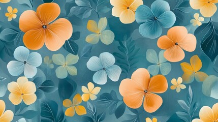 Teal background adorned with a vibrant array of orange, yellow, and blue stylized flowers and leaves, creating a seamless floral pattern