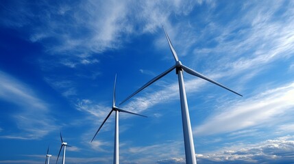Three wind turbines stand tall against a vibrant blue sky, streaked with wispy clouds, showcasing clean energy potential