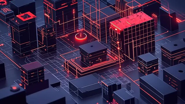 Futuristic cityscape with glowing neon gridlines and digital architecture showcasing advanced technology