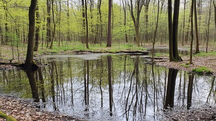 Tranquil forest pool reflecting trees and sky, showing calm waters and lush green foliage