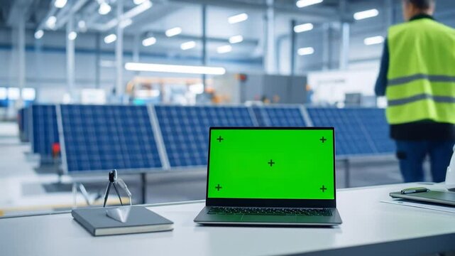 Laptop With Green Screen In Solar Panel Factory
