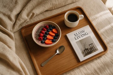 A tray holds bowl of smoothie, mixed berries, a cup of coffee, and magazine titled Slow Living. Cozy leisurely breakfast