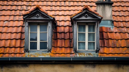Two weathered dormer windows peek from an orange tiled roof, showcasing aged wood frames and muted glass panes.  The roofline and building's facade show signs of age and character