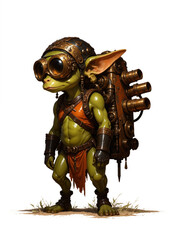 Steampunk Goblin Inventor with Goggles and Jetpack – Green Fantasy Creature in Leather Armor and Brass Tech Gear, Adorable Yet Fierce Mechanic Character Standing Isolated on White Background