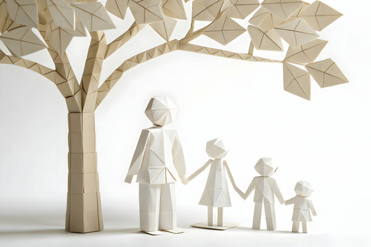 Paper family stands under a origami tree, symbolizing home, kinship, and a bright future together in a paper craft style.