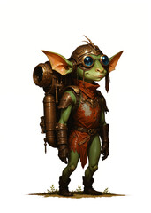 Fototapeta premium Steampunk Goblin Inventor with Goggles and Jetpack – Green Fantasy Creature in Leather Armor and Brass Tech Gear, Adorable Yet Fierce Mechanic Character Standing Isolated on White Background