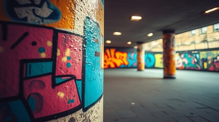 Vibrant graffiti art adorns pillars in an urban underpass, showcasing a blend of colors and styles.  The image offers a perspective of urban art within a concrete structure