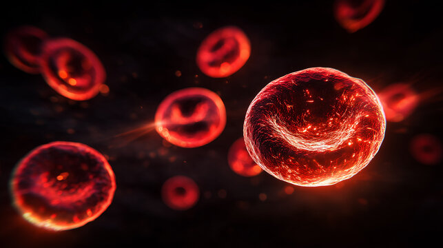 Red blood cells float in a dark environment, illuminated by light. They exhibit a glossy, smooth surface and are captured in different angles and distances from the viewer.